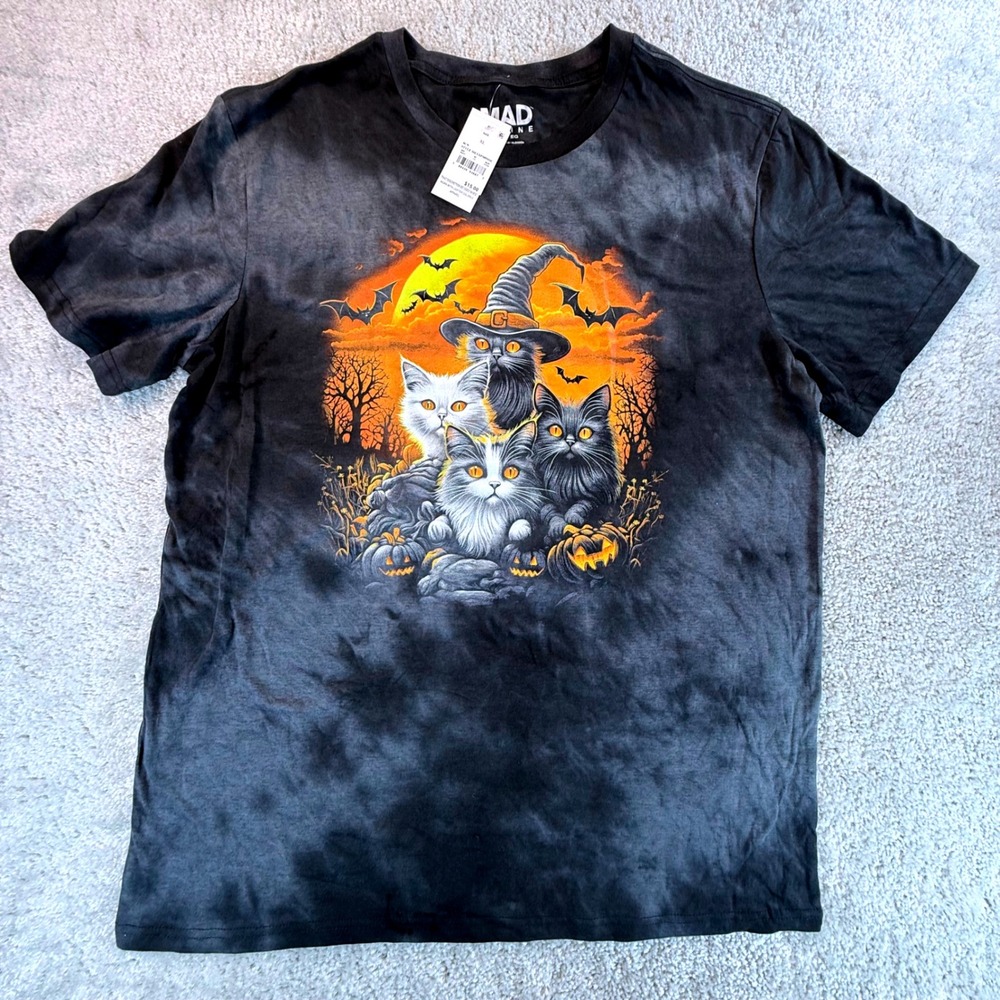 Mad Engine Halloween Cats Witch Hat Tie Dye Graphic T-Shirt XL New MEXXPM9MSC